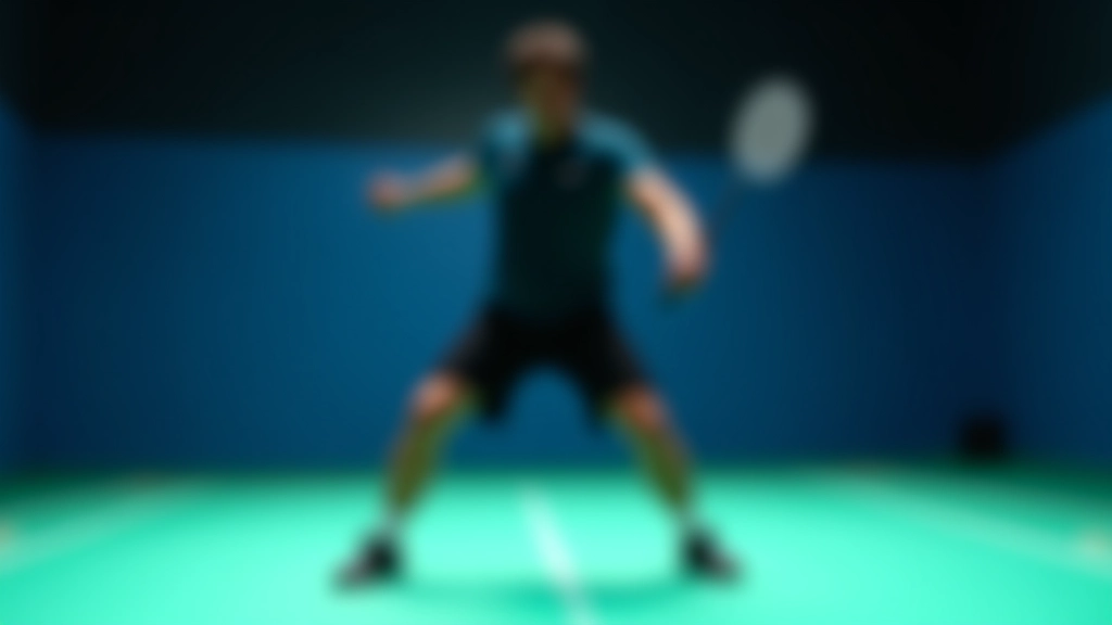 لاعب بادمنتون في موضع الاستعداد الصحيح مع القدمين والجسم في الموضع المثالي للضربة الخلفية
